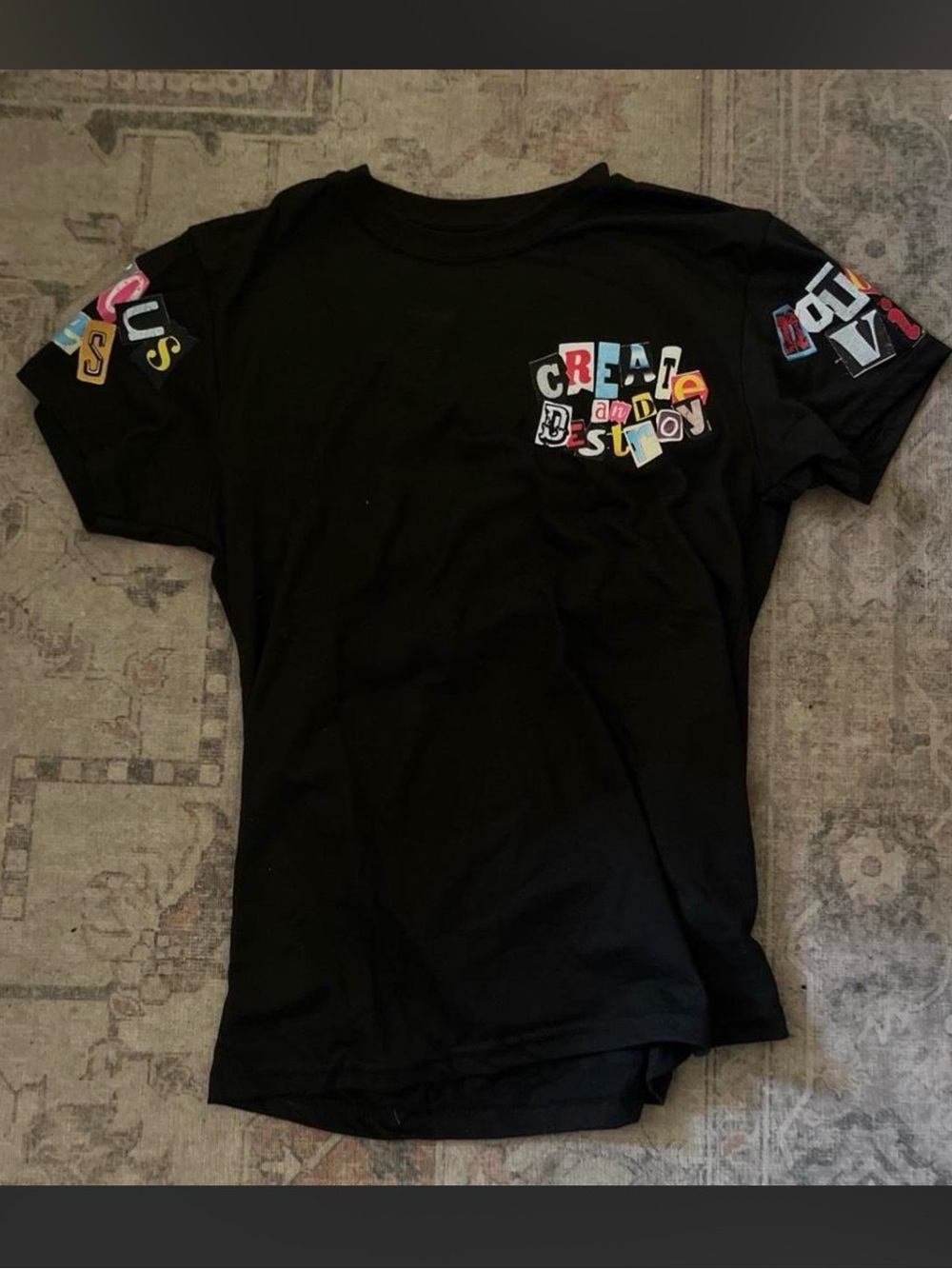 Black Short-Sleeve Graphic Tee with Multicolor Lettering